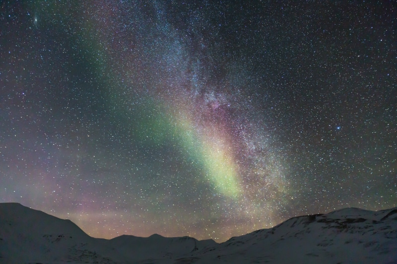 polar lights, non-urban scene, blue starry sky, milky Way, mountain, night, svalbard, galaxy, tranquility, snowcapped mountain, scenics - nature, astronomy