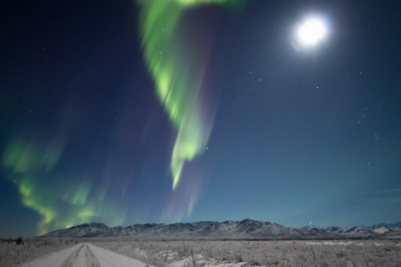 sky, mountain, lapse, full, northern lights, Alaska, nature, milky Way, auroras, f/2.8, ribbons, galaxy, Canon 7D, purple, full moon, space, Explored, Rokinon