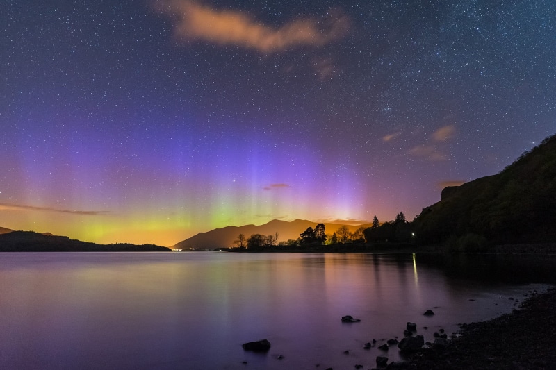 Derwent Water, tree-line, Water  tree, night  sky, sky, space, constellation, landscape, nature, body of water, Keswick, lake, galaxy, pillars, body, reflections