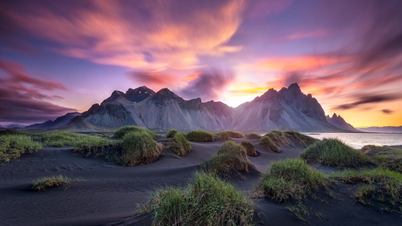 stokksnes, iceland, eystrahorn, landscape, travel, plant, hofn, pink sky, stokksnes peninsula, outdoors, national park, vestrahorn, tranquil scene, sky