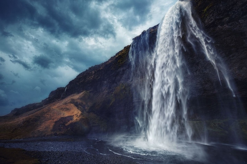 solid, beauty in nature, waterfall, blurred motion, rock - object, moss, 720P, outdoors, landscape, clouds, non-urban scene, angle, power, mountain, rock