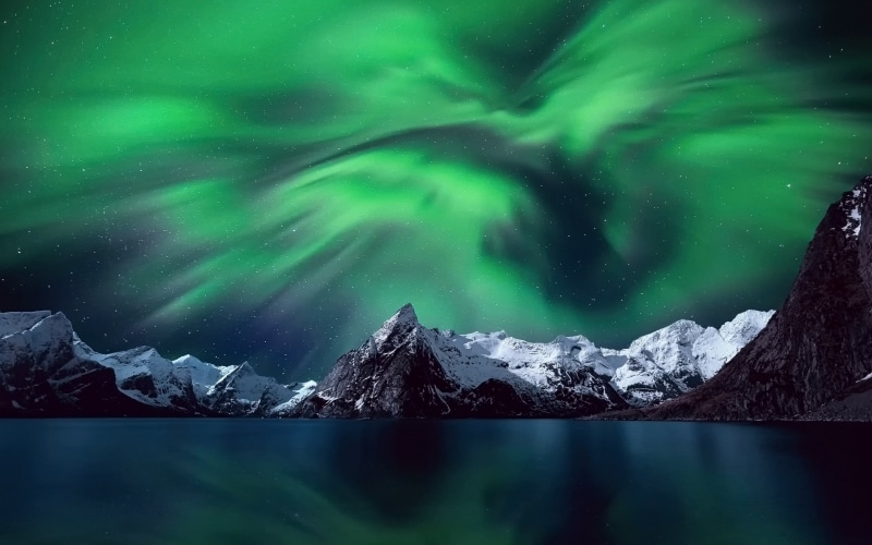 planet, mountains, landscape, cold temperature, 2K, borealis, tranquil scene, scenics - nature, environment, aurora polaris, snow, winter, beauty in nature