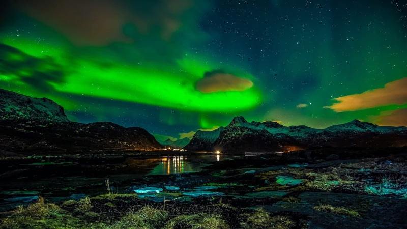 mountains, 1080P, landscape, space, aurora polaris, water, mountain, reflection, tranquility, beauty in nature, astronomy, dramatic sky, tranquil scene