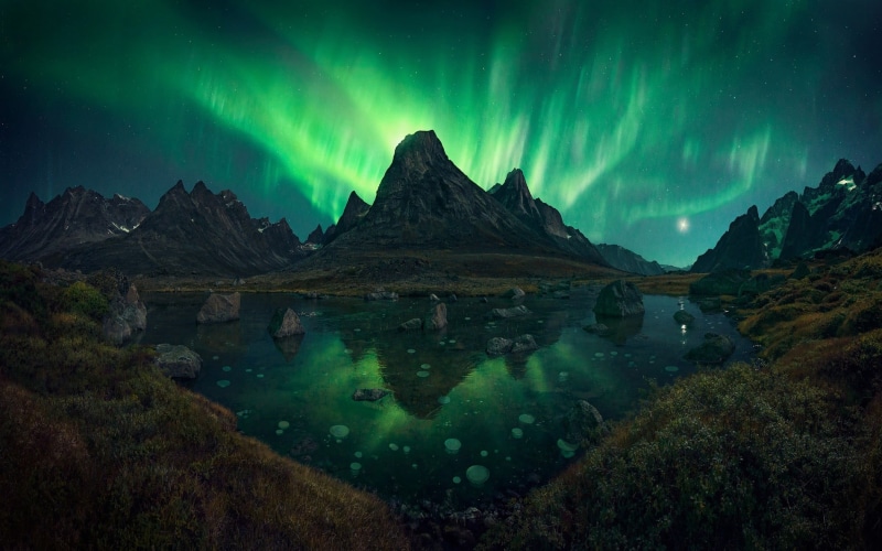 nature, star - space, Greenland, night, astronomy, water, environment, reflection, tranquility, mountains, mountain, summer, landscape, aurora polaris