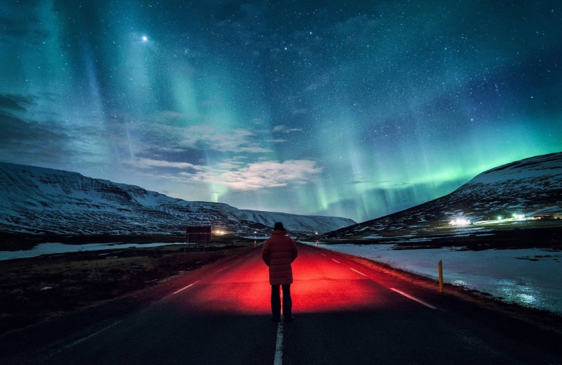 full length, space, mountain, scenics - nature, lights, night, jacket, winter, rear view, transportation, one person, aurora polaris, mountains, pink, 1080P