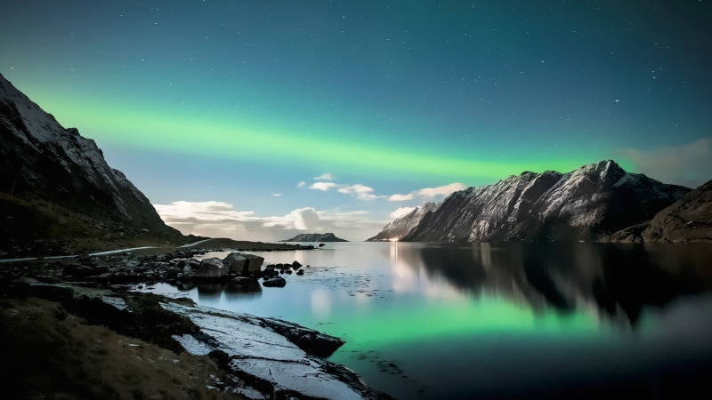 tranquility, snowcapped mountain, snow, landscape, astronomy, night, sea, cold temperature, space, tranquil scene, water, idyllic, aurora polaris, winter