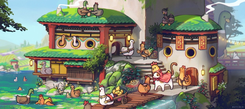 Ducks (Animals), lantern, Neytirix, chickens, village, bridge, 1080P, sword