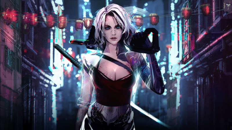 white hair, cyborg, katana, 720P, cyberpunk, japanese sword, science fiction, digital art, artwork, cyber city