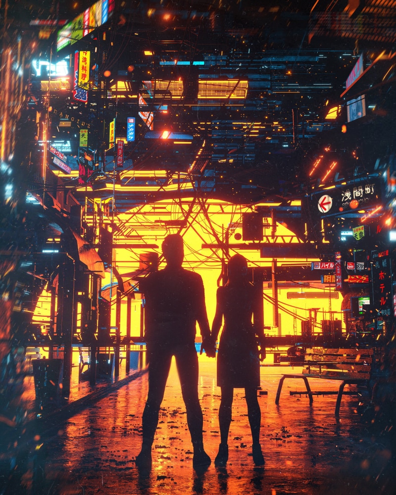 digital art, building, artwork, cyberpunk, cyber city, couple, 1080P