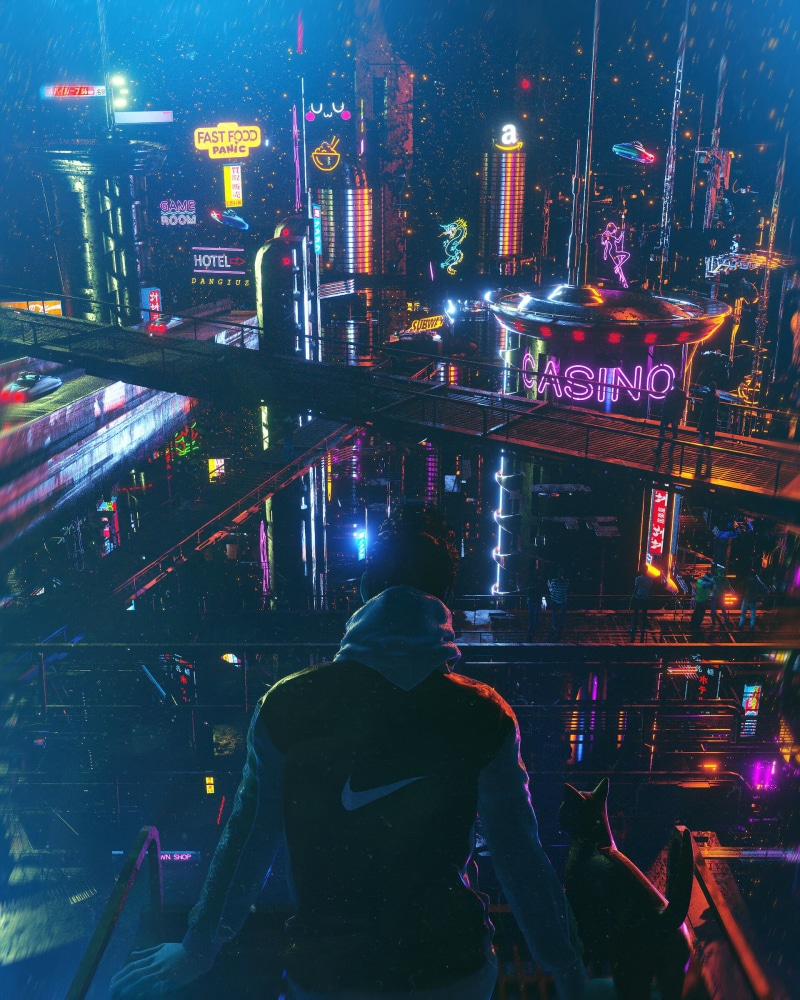 cats, artwork, digital art, 1080P, cyber city, cyberpunk