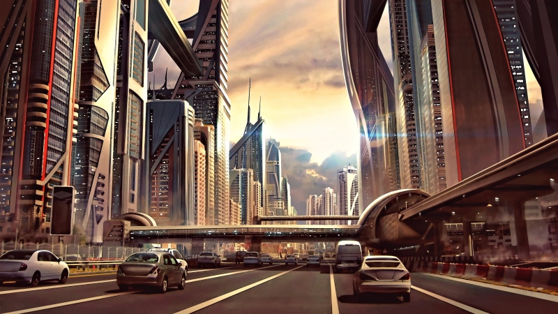 concept art, futuristic, CGI, urban, digital art, city, futuristic city, 4K, traffic, 3D, cyber, artwork, cityscape, car, science fiction, fantasy art