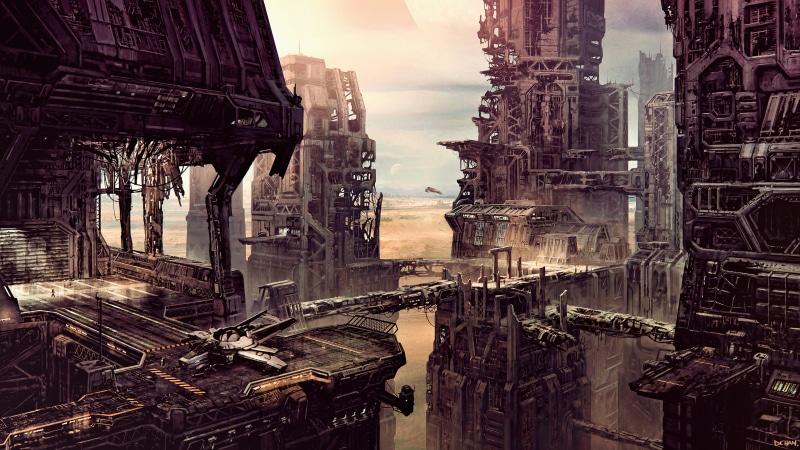 spaceship, artwork, futuristic, fan art, fantasy art, futuristic city, Dennis Chan, ArtStation, science fiction, cyber, PC gaming, cityscape, ruins, digital art