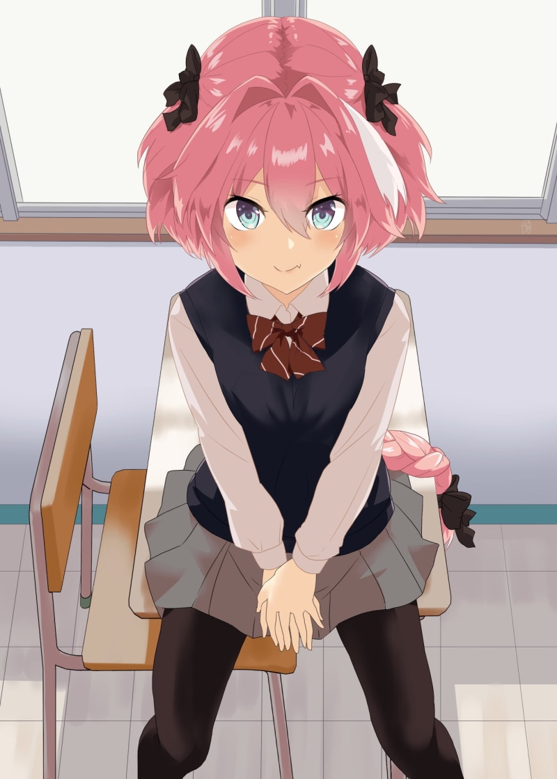 school, anime boys, pink hair, blushing, femboy, black stockings, 2D, Fate/Apocrypha, blue eyes, hair accessories, Rider of Black (Fate/Apocrypha), 720P