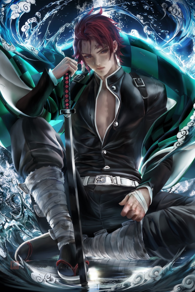 digital art, fantasy art, weapon, vertical, Sakimichan, katana, water, looking away, drawing, artwork, illustration, anime boys, water drops, black clothing