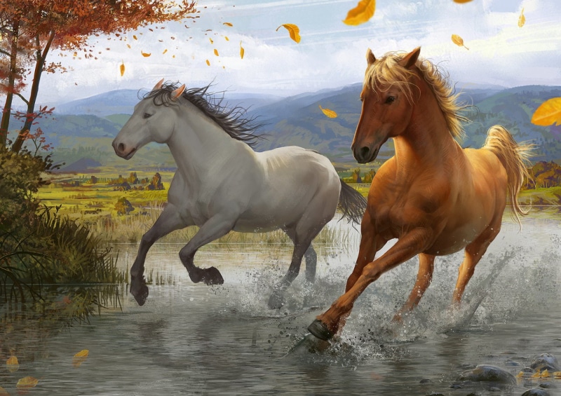 digital art, illustration, sky, drawing, 2D, mountains, animals, artwork, fall, 720P, horse, clouds, landscape, water