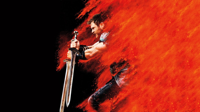 people, red, motion, sport, skill, illustration, performance, real people, lifestyles, Movie, men, adult, 1080P, Thor: Ragnarok, Thor, sword, low angle view