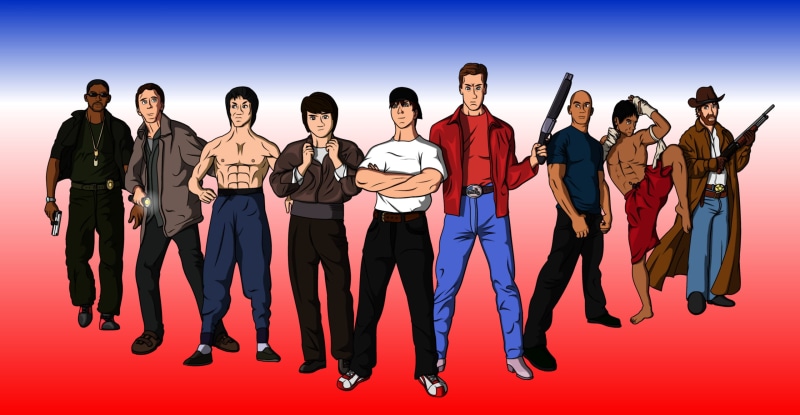 VIN Diesel, standing, males, 2K, mid adult men, mid adult, group of people, portrait, full length, Arnold Schwarzenegger, Bruce Lee, adult