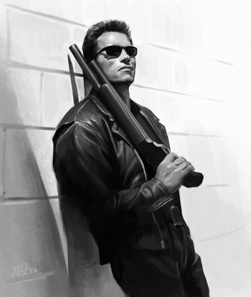 monochrome, ArtStation, weapon, 1080P, shades, Arnold Schwarzenegger, artwork, Ronnie Wong, cyborg, Terminator