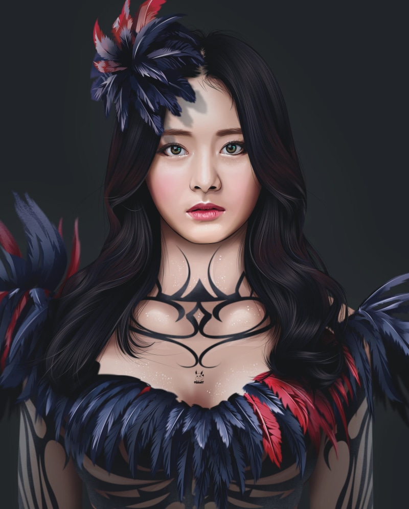 feathers, artwork, black hair, ArtStation, digital painting, Anna Williams, tekken 7, portrait, simple background, cosplay, long hair, portrait display