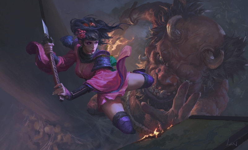 weapon, fantasy art, Momohime, demon, digital art, ArtStation, video game art, 2D, drawing, video games, video game characters, artwork, illustration, video game girls