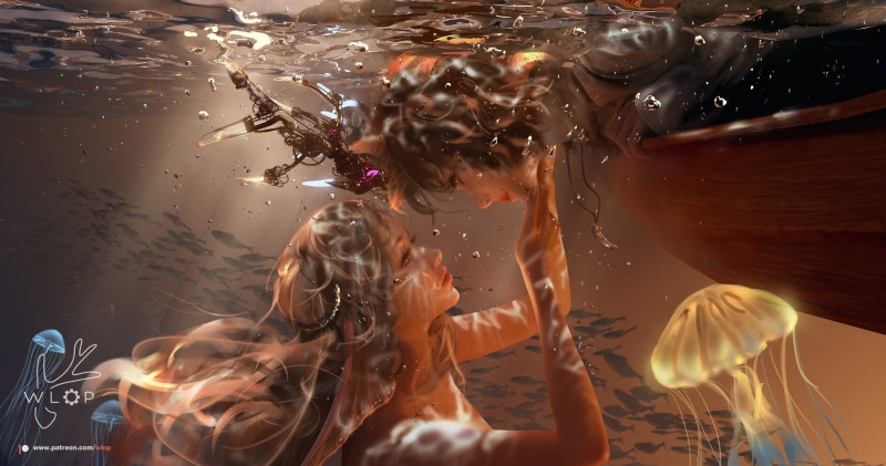 digital art, WLOP, fantasy girl, 720P, women, ArtStation, two women, fantasy art, underwater