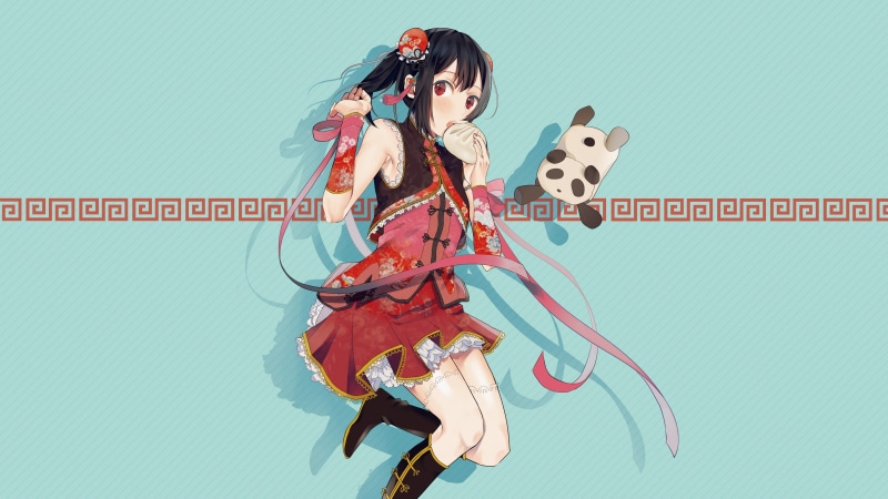 adult, beautiful woman, haired, young adult, women, anime girls, clothing, red, Chinese dress, indoors, character, panda, studio shot, anime, hair, illustration