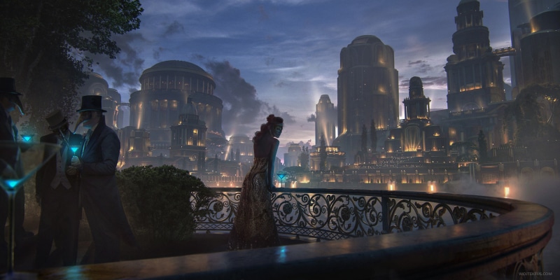Wojtek Fus, fantasy art, fan art, women, mask, digital art, city, 4K