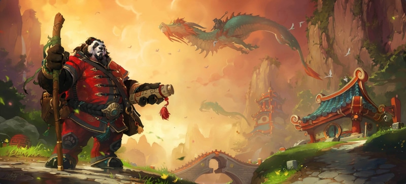 Mists of Pandaria, Asia, 4K, staff, art, scroll, dragon, Panda, World of Warcraft