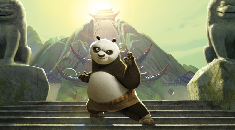 art and craft, animated film, Cartoons, statue, built structure, Panda, human representation, mountain, 4K, staircase, architecture, illustration, day