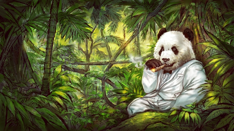 relaxation, smoking, tuxedo, tobacco, obscured face, jacket, one person, green color, tree, men, suit, mammal, nature, cigars, digital, adult, panda, leisure activity