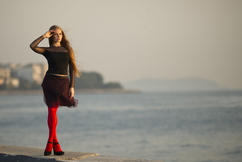 beautiful woman, female, hair, pose, girl, dress, water, wear, coastline, evening, blonde, summer, near, landscape, sea, cute, long hair, beauty, style