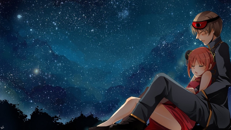 males, anime, stars, outdoors, kagura, blue, planet - Space, adult, sky, moon, people, star - Space, guy, lifestyles, space, child, couple, three quarter length