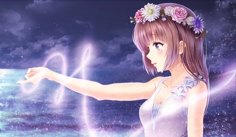 wreath, night, illustration, female, 1080P, magic, girl, haired, tears, clouds, alc, anime, art, flowers, the sky, brown