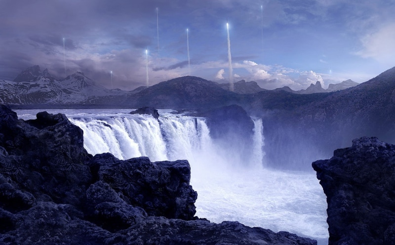 water, concept art, Andree Wallin, science fiction, artwork, mountains, 480P, fantasy art, waterfall, futuristic, rock, landscape