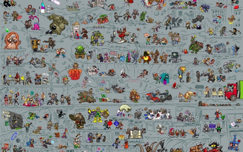 bomberman, Fallout, Day of the Tentacle, Pac-Man, Team Fortress 2, Companion Cube, Silent Hill, video games, Space Invaders, Heavy (TF2), Solid Snake, Mega Man