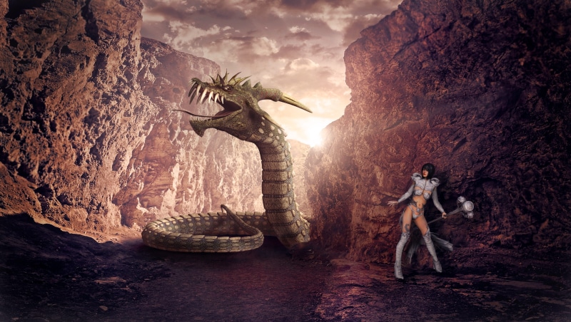 gorge, fantasy, weird, digital composite, one person, monster, solid, one animal, dramatic, threatening, nature, online, vertebrate, women, scene, land