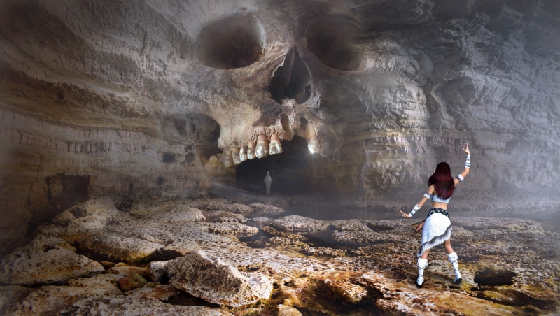 barren, skull and crossbones, outdoors, white, lonely, caves portal, girl, scene, cave, rear view, rock - object, stones, mysticism, landscape, illustration