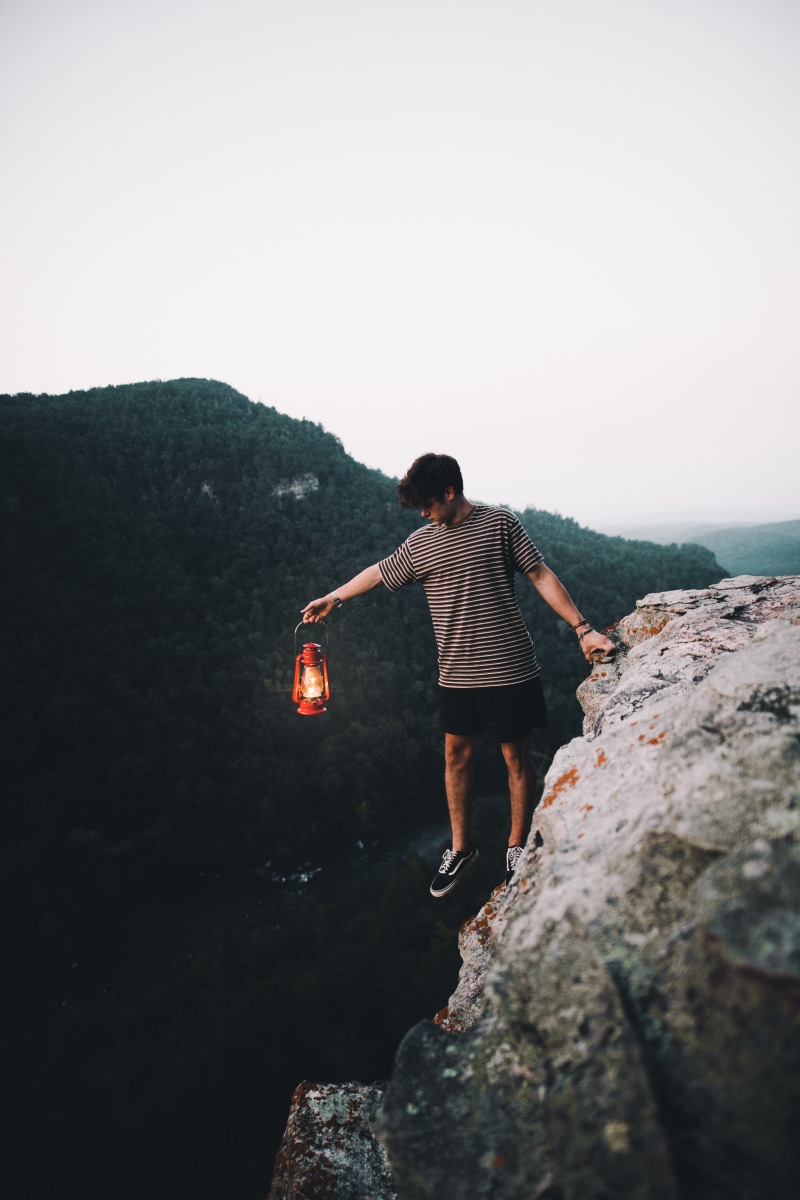 person, success, backpack, outdoors, looking, adult, male, hike, holding, cliff, 5K, man, sport, freedom, landscape, action, woodland, challenge, copy Space