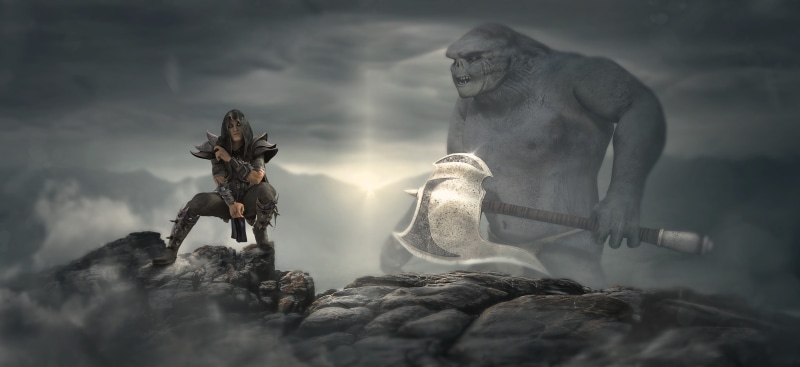 fog, gloomy, abyss, evil, monster, hell, weird, outdoors, warrior, surreal, adult, contrast, dark, clouds, mammal, threatening, stone, mood, orc, people