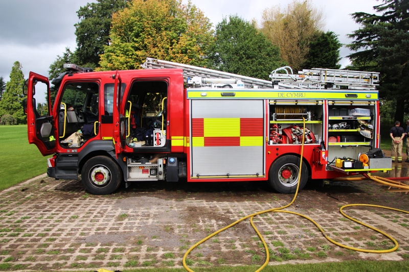 911, fire truck, hose, gray, protection, firemen, fire engine, mode of transportation, truck, ladder, day, department, nature, response, red, tree, security