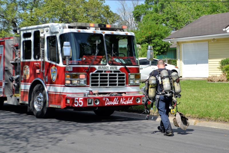 equipment, city, rescue, firetruck, uniform, road, rear view, protection, alarm, 4K, government, nature, tree, firefighter, emergency, incidental people