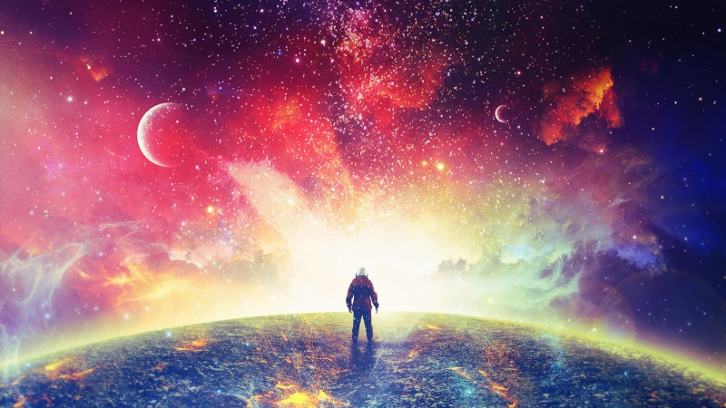 glowing, Surreal, lifestyles, nature, outdoors, rear view, galaxy, one person, 4K, astronomy, scenics - nature, 4K, CGI, men, beauty in nature, star - space