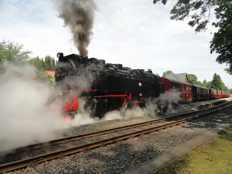 nature, trees, motion, germany, red, rail transportation, old-fashioned, 4K, outside, track, smoke, old, sky, railway, steam Train, land vehicle, mode of transportation