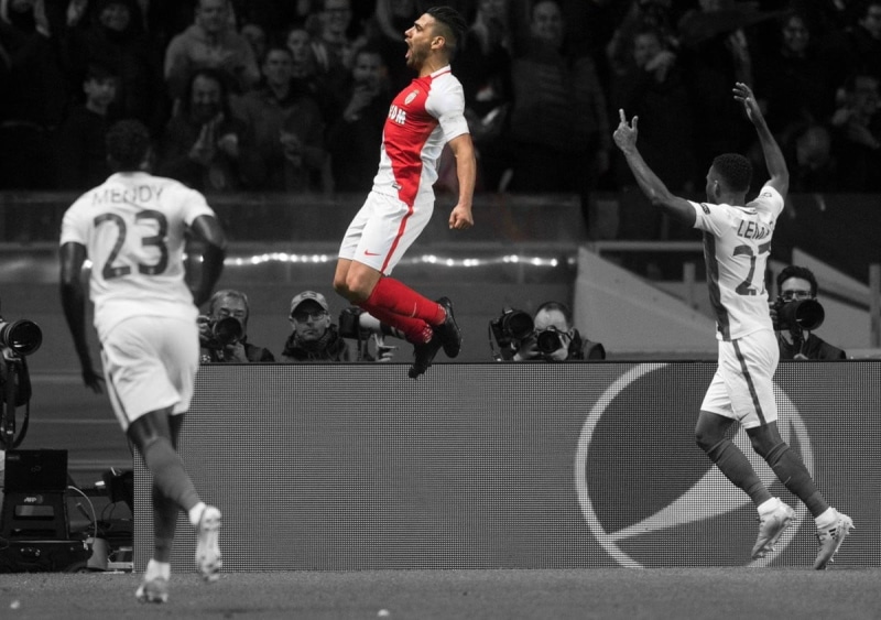 motion, mid-air, people, soccer clubs, Monaco, men, athlete, blue, Falcao, sport, women, As Monaco, full length, uniform, UEFA, 480P, adult, white, competition