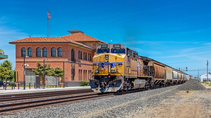 2K, railroad track, built structure, diesel locomotive, stockton, California, locomotive, patriotism, blue, union pacific, rail transportation, Travel