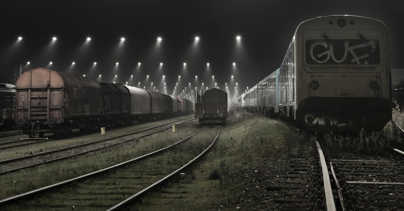 direction, landscape, public transportation, mode of transportation, rail yard, shunting yard, technology, railway, lights, night, urban, train, outdoors