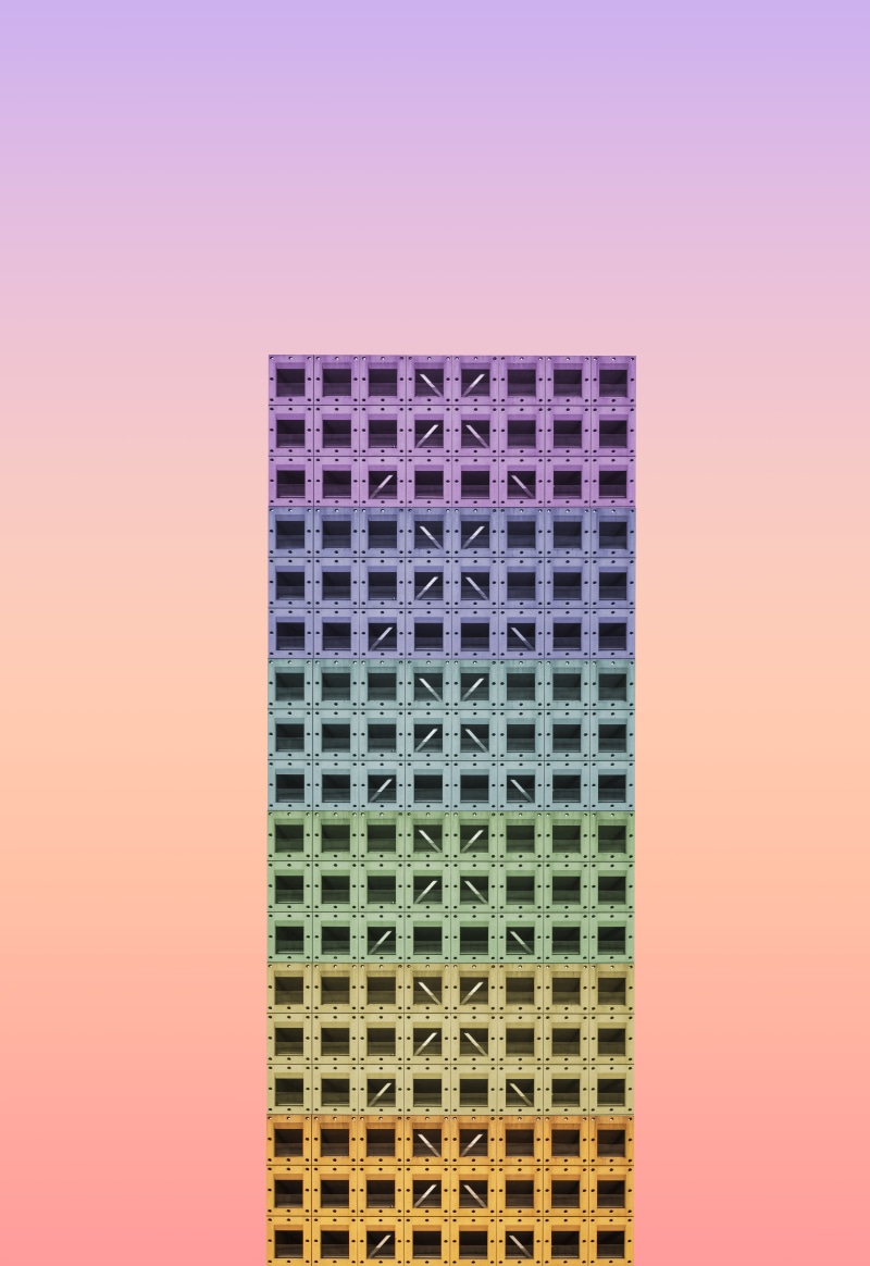 indoors, graphic, skyscraper, urban, architecture, rainbow, backgrounds, geometry, digital composite, colored background, modern, orange color, modern architecture