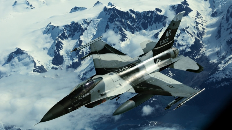 military, mode of transportation, outdoors, airplane, mountain peak, no people, black, snowcapped mountain, snow, aerospace industry, General Dynamics F-16 Fighting Falcon