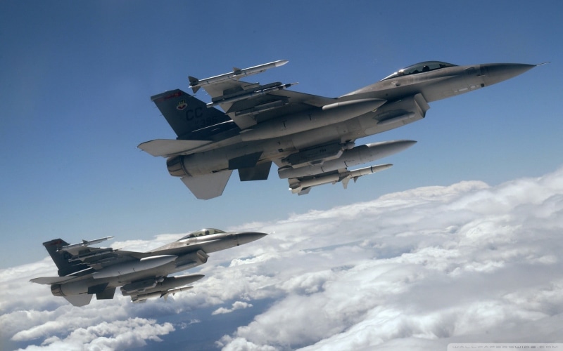 outdoors, sky, vehicle, fighter plane, General Dynamics F-16 Fighting Falcon, boat, plane, side view, aerospace industry, jet fighter, no people, transportation