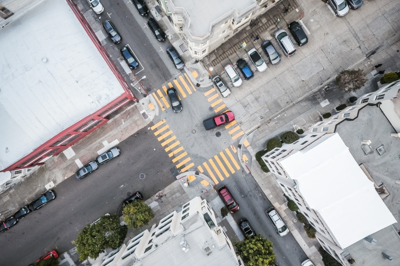 town, Road Intersection, Street Road, symbol, high angle view, 4K, urban Scene, land vehicle, city street, streets, outdoors, built structure, sign, city